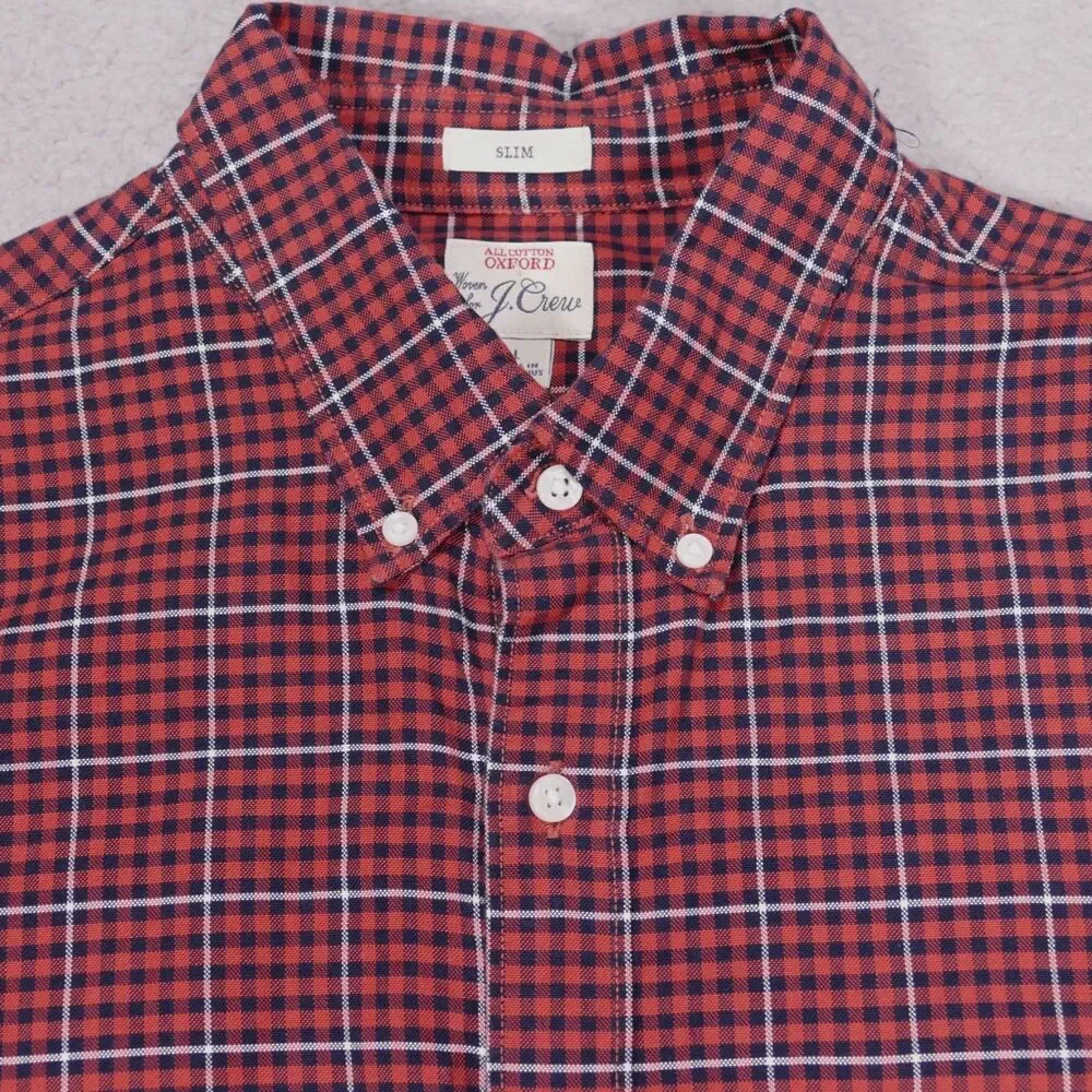 J Crew Oxford Shirt Mens Large SLIM Fit Orange Blue Plaid Button Up Long Sleeve
